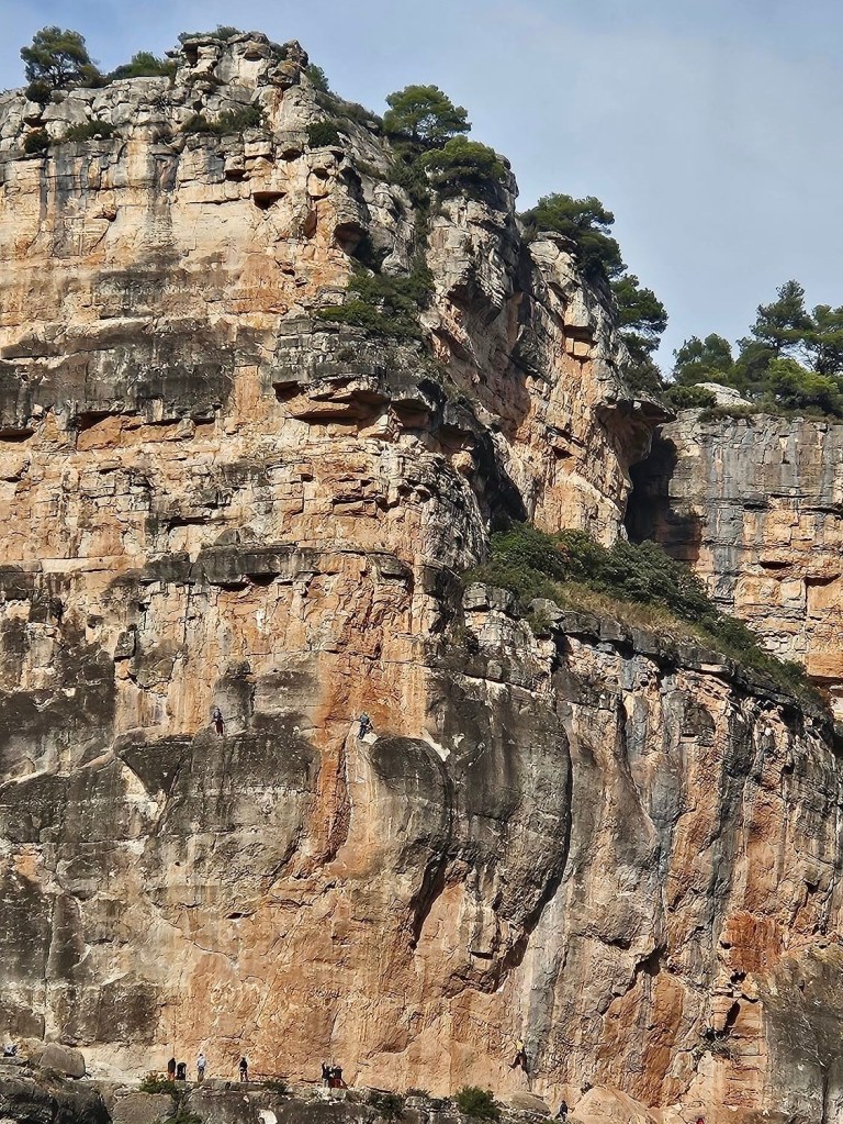 Una imponente pared de roca con escaladores en diferentes alturas, rodeada de vegetación en la cima.