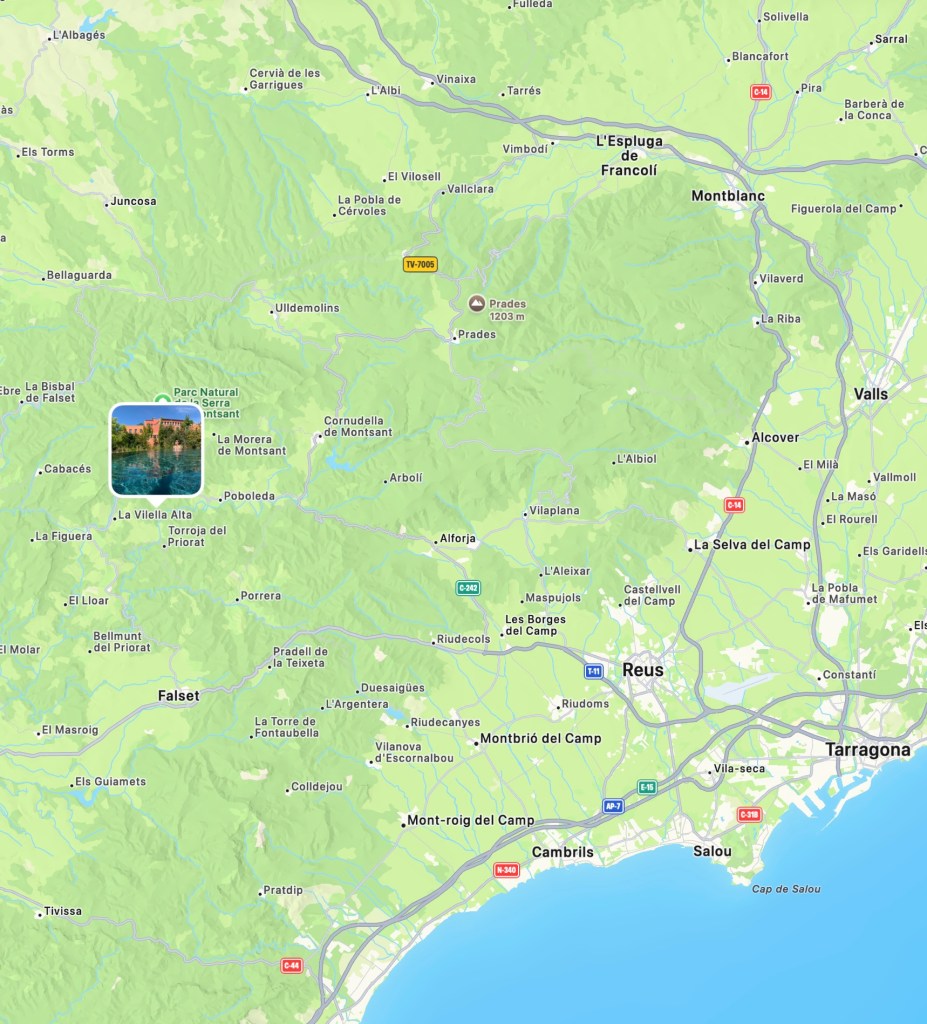 Mapa que muestra la región de Montsant en Cataluña, España, con detalles de carreteras y localidades.