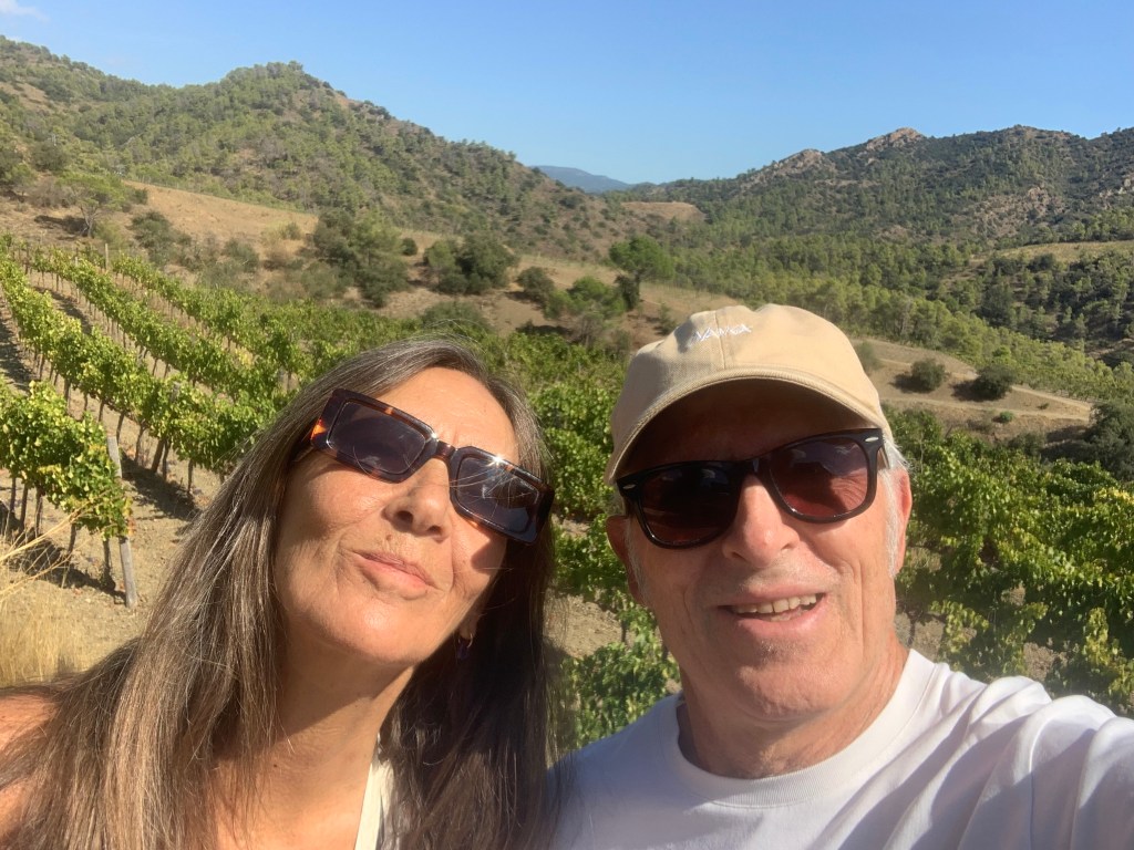 Pareja sonriente en un viñedo con montañas al fondo.